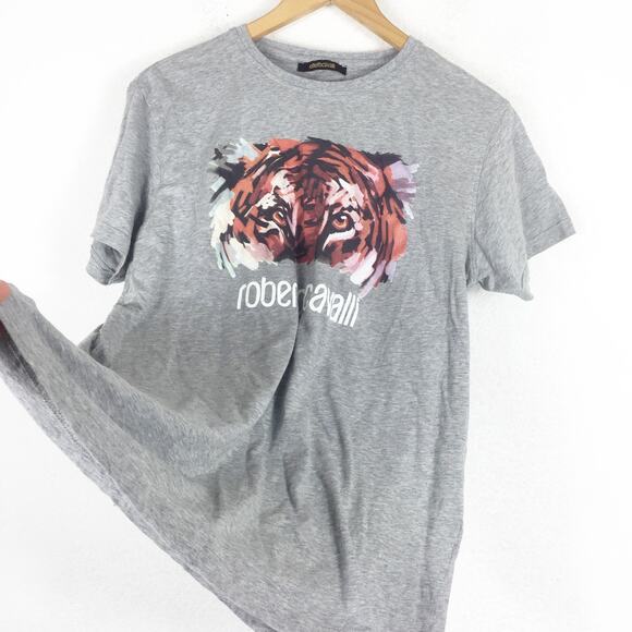 Roberto Cavalli Grey Tiger Short Sleeve Tee XL Cotton Graphic Animal Print - Picture 10 of 11